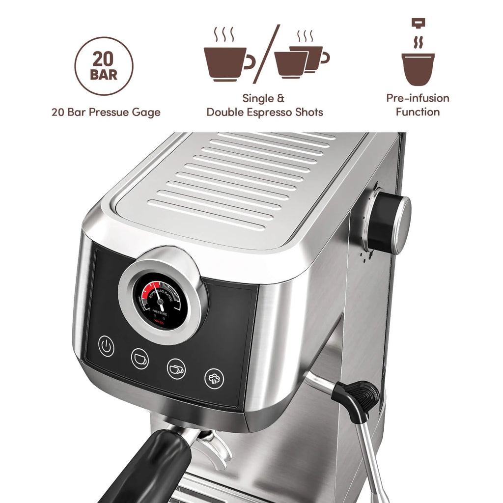 Wirsh 20 Bar Espresso Machine | Home Barista Plus with Pressure Gauge & Steam Wand